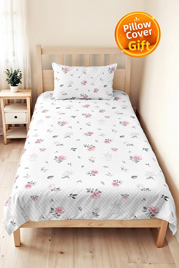Floral White Modern Pique Set - Pink Gray Minimal Single Quilted Bedspread 160X220 cm