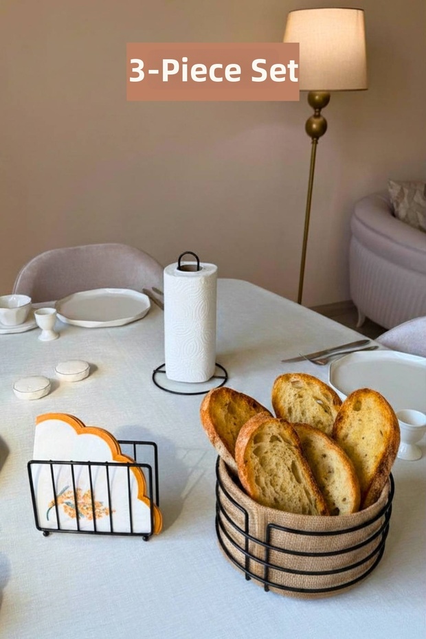 Set of 3 Black Cage Napkin Holder Vertical Paper Towel Holder Round Bread Basket Kitchen Set
