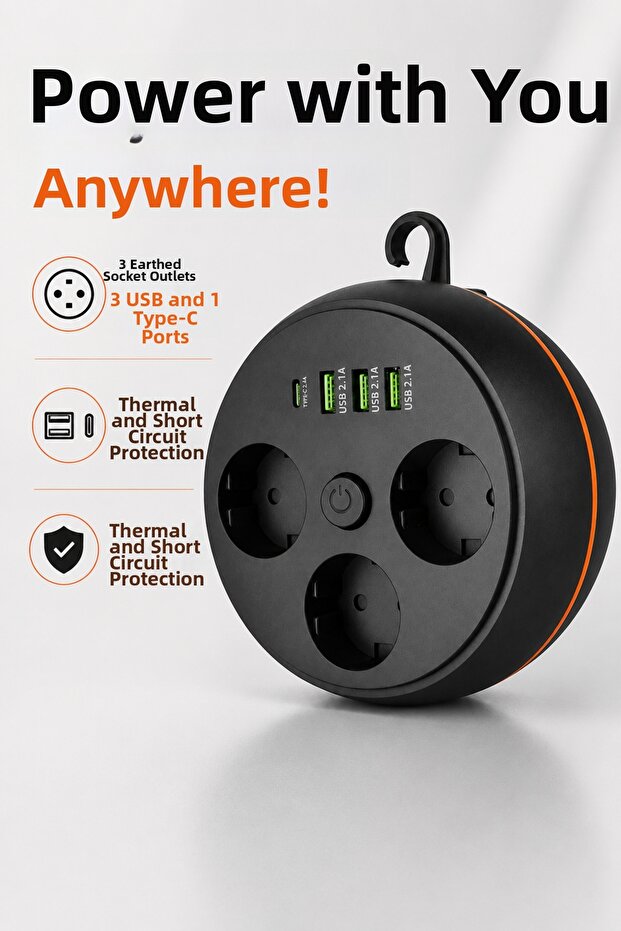 مقبس حماية من التيار المتردد 3 منافذ 3 USB 1 Type-C 4000 واط مع كابل 190 سم أسود | 3395