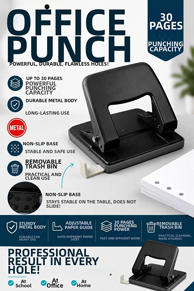 Office Metal Hole Puncher 30 Sheet Punching Capacity Document Puncher Non-Slip Base Durable Body