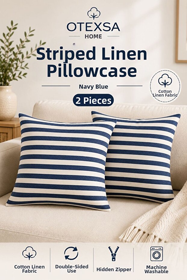Navy Blue Striped Cotton Linen 2-Piece Throw Pillow Cover with Hidden Zipper, Double-Sided, 2 Pieces