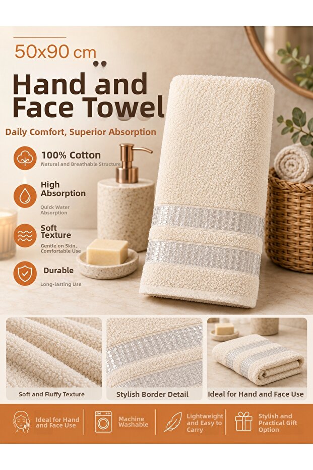 Ecru 50X90 cm Hand and Face Towel 100% Cotton Soft Textured High Absorbent Towel with Border