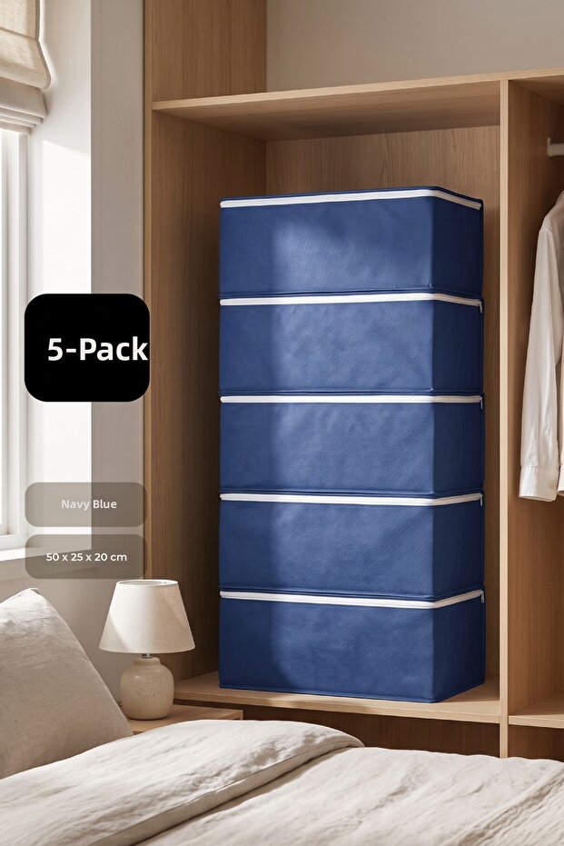 Set of 5 50×25×20 cm Medium Size Clothing Organizer Bins – under Bed & under Sofa Bed Organizer Navy Blue