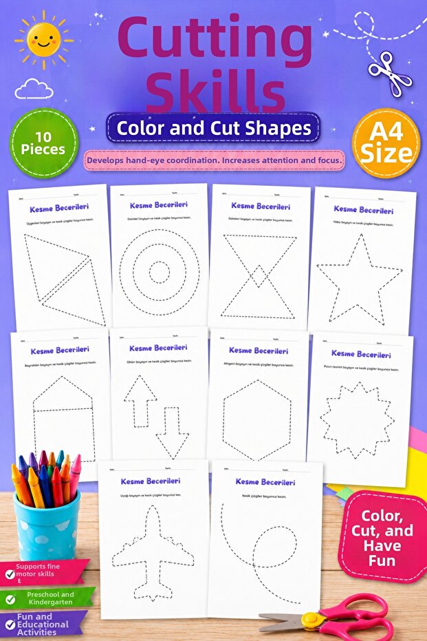 Cutting Skills Shapes Paint and Cut Activity Set 10 Sheets A4 | Preschool Motor Skill Development Activities.