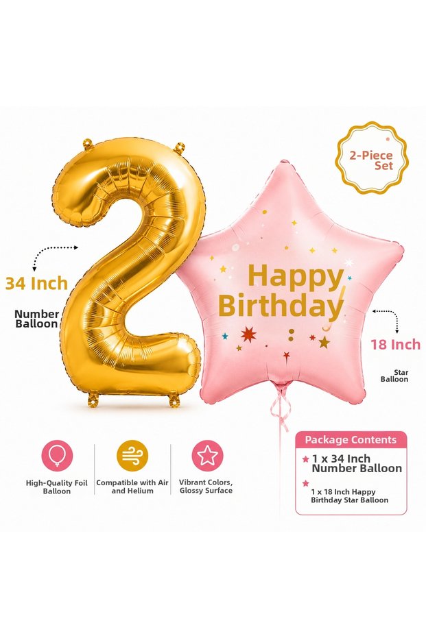 2-Piece Birthday Foil Balloon Set 34 Inch Gold Number Balloon and 18 Inch Pink Happy Birthday Star Foil Balloon