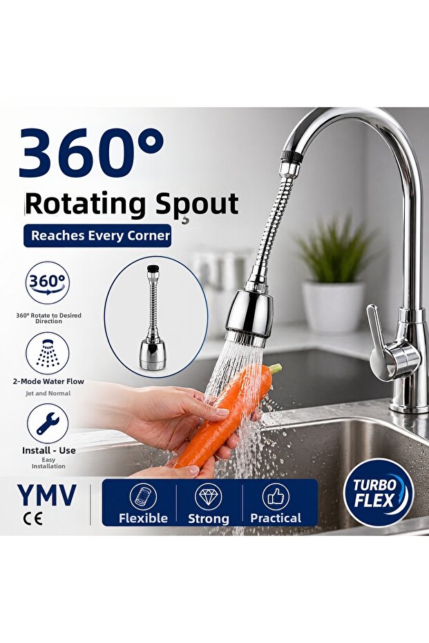 360 Degree Swivel Kitchen Faucet Head Flexible Turbo Flex Pressure-Saving 2-Function Sink Spout