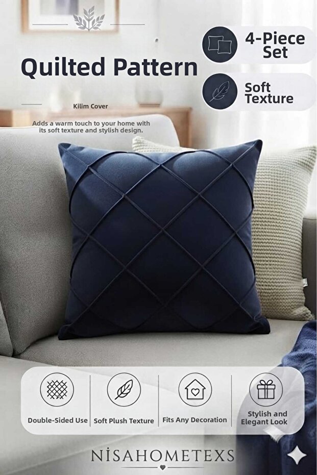 4 Pieces of Navy Blue Soft Textured Living Room Cushion Covers 43 X 43 cm (with Zipper)