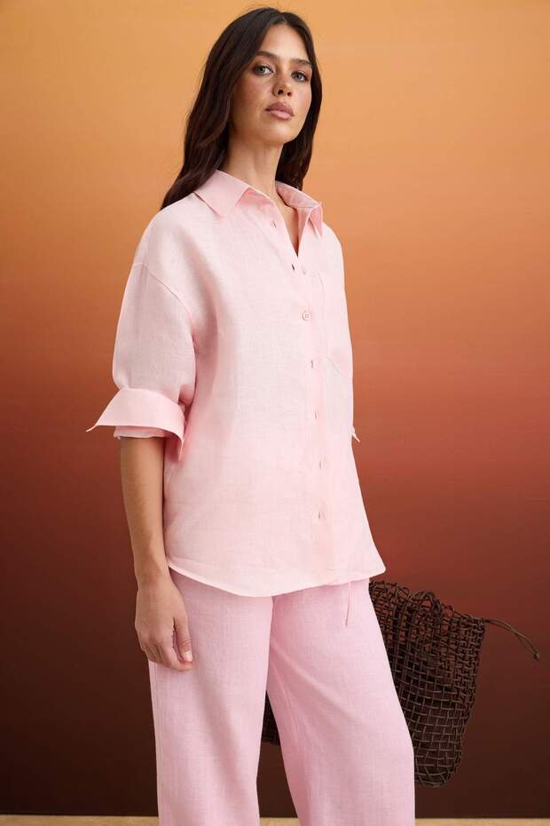 Pembe % 100 Keten Cep Detaylı Oversize Gömlek TWOSS26GO00039 - 2