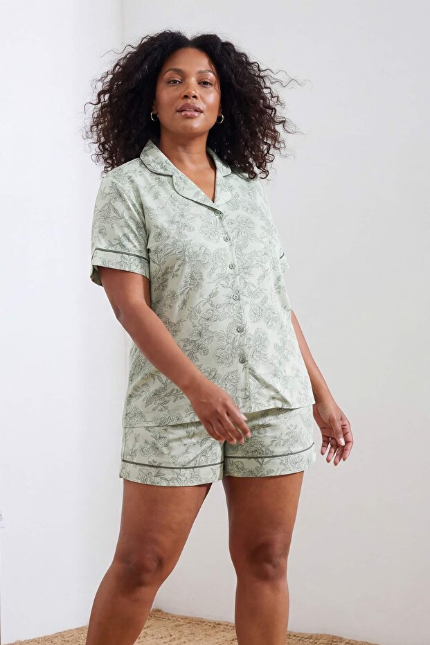 Yeşil Dantel Detaylı Örme Büyük Beden Pijama Takımı TBBSS26AI00078 - 2