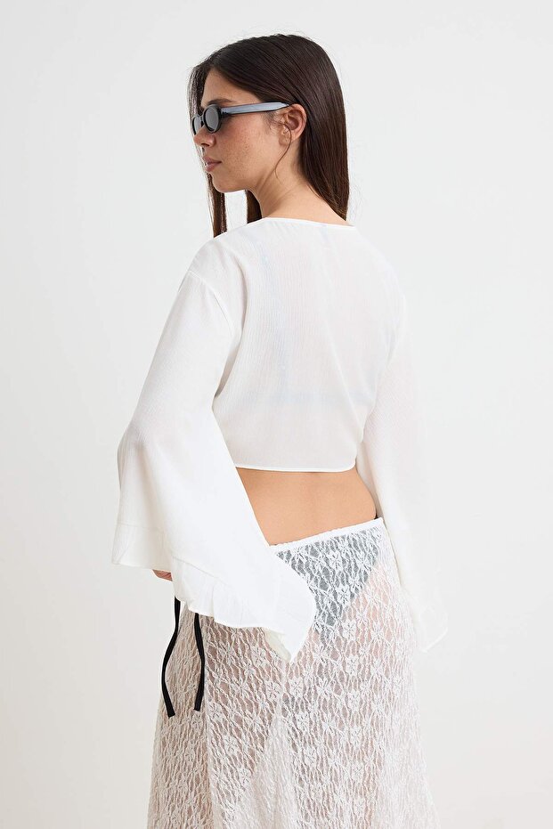 Plaj Crop Giyim Ekru Dokuma Volanlı Bluz TBESS19BB0095 - 4