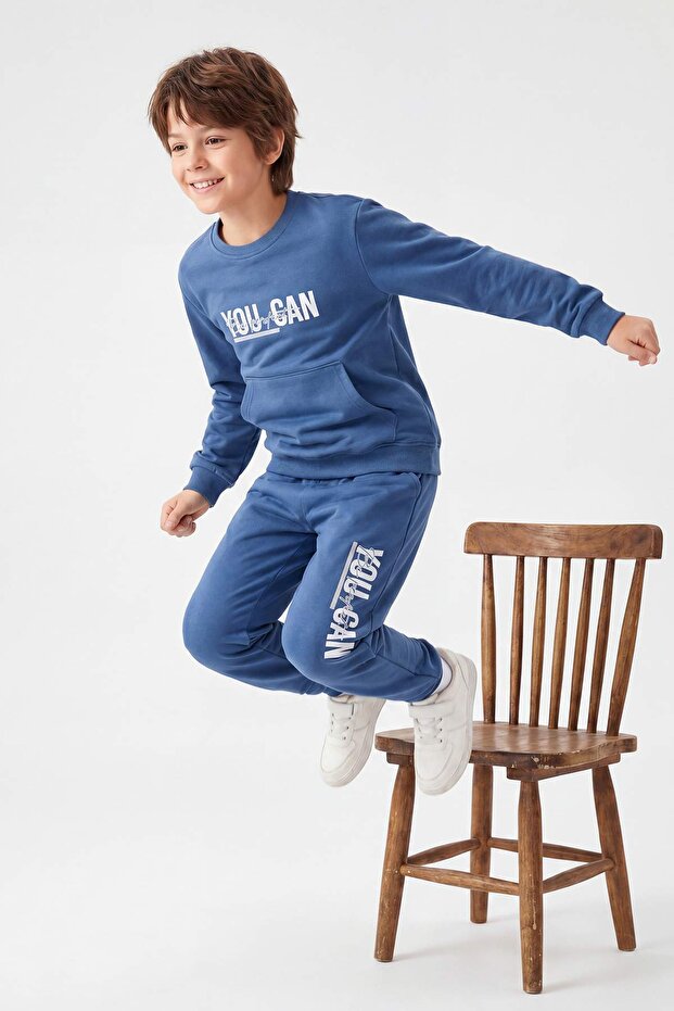 Indigo Slogan Baskılı Örme Erkek Çocuk Sweatshirt ve Eşofman Alt-Üst Takım TKDAW25AU00149 - 2