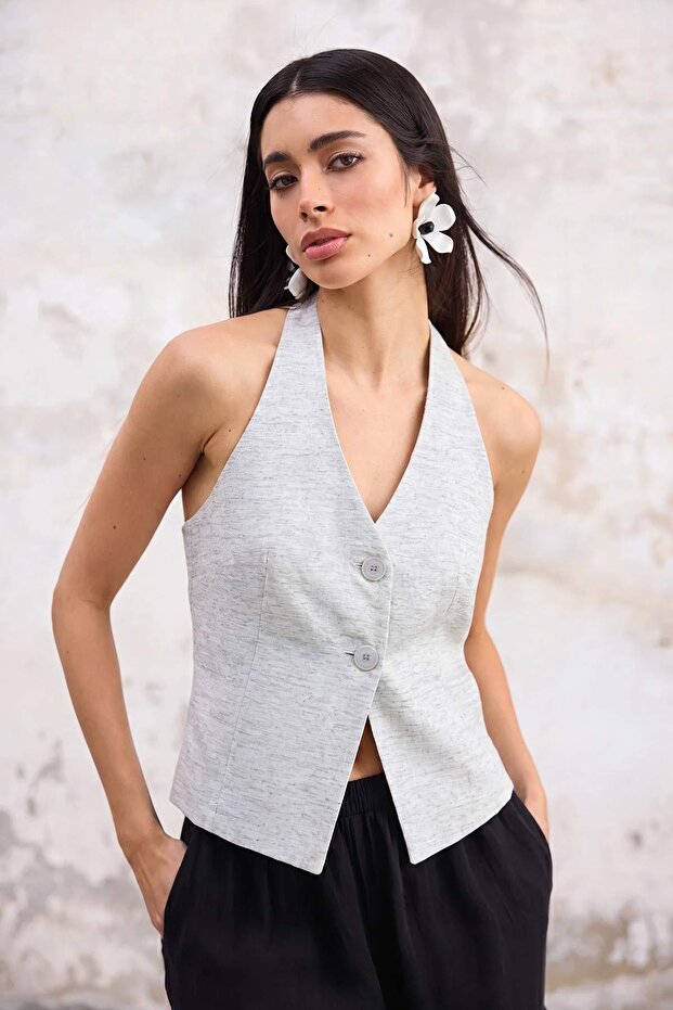 Beyaz Regular Keten Görünümlü Halter Yaka Regular Yelek TWOSS25YE00096 - 2
