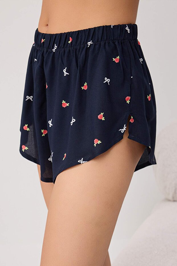 Lacivert Çiçekli Bağlama Detaylı Viskon Şortlu Dokuma Pijama Takımı THMSS25PT00105 - 3