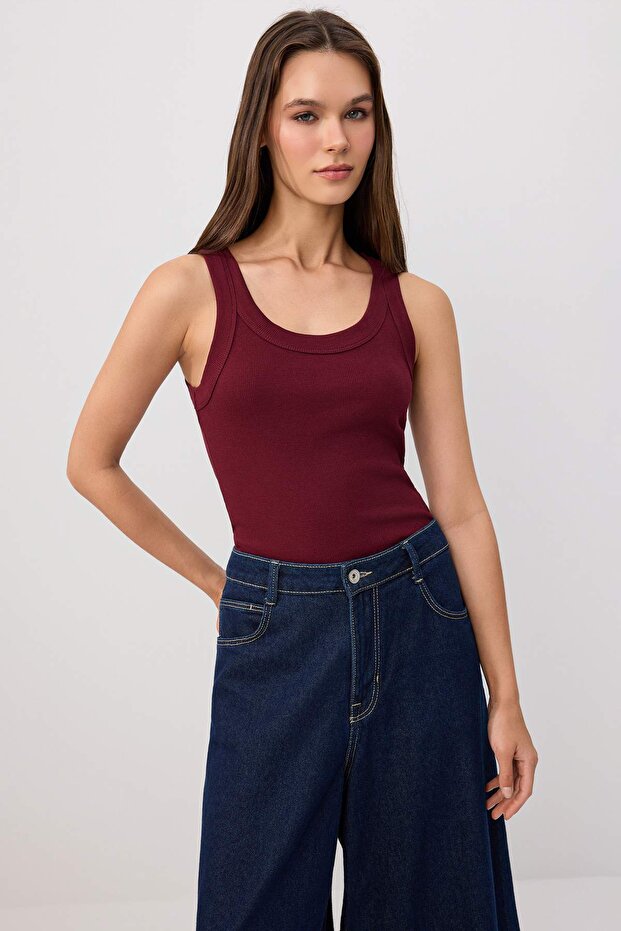 Kahverengi-Bordo Fitted/Vücuda Oturan Kalın Askılı Fitili Pamuklu Esnek Örme Atlet TWOSS26AL00121 - 2