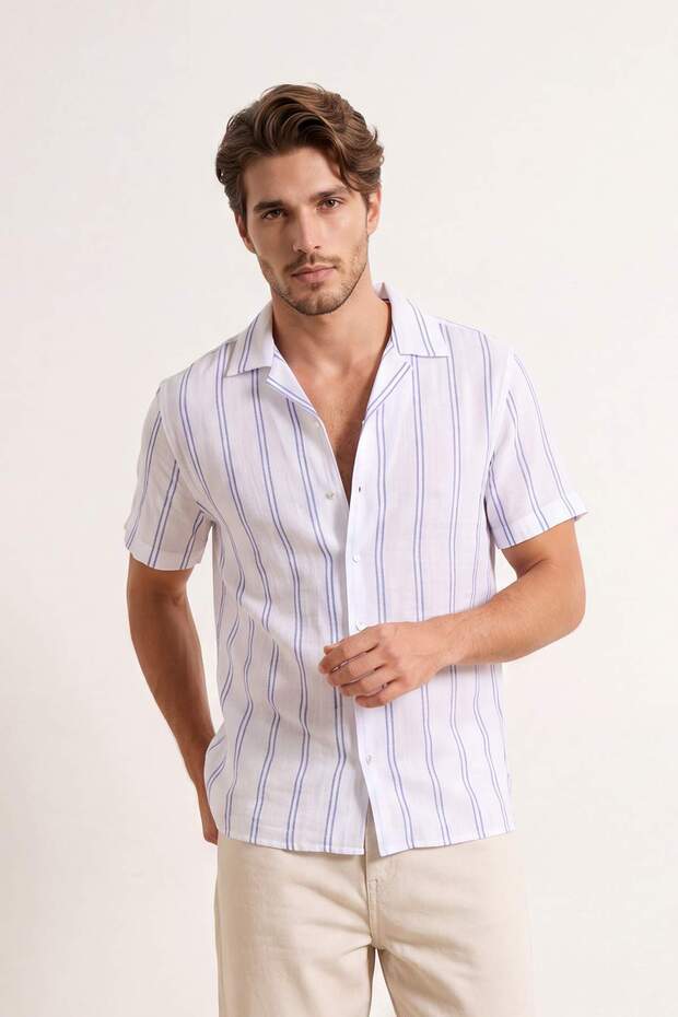 Beyaz %100 Pamuk Apaj Yaka Kısa Kollu Regular Fit/Normal Kalıp Erkek Gömlek TMNSS26GO00046 - 2