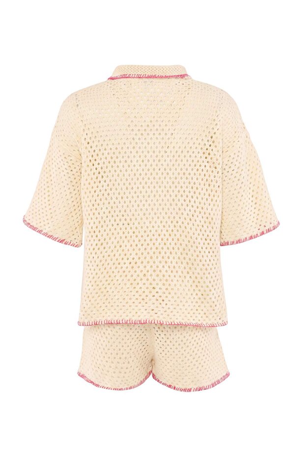 Su Altı Motifli Triko Oversize 100% Pamuk Plaj Gömlek Şort Takım TBESS26AU00009 - 3