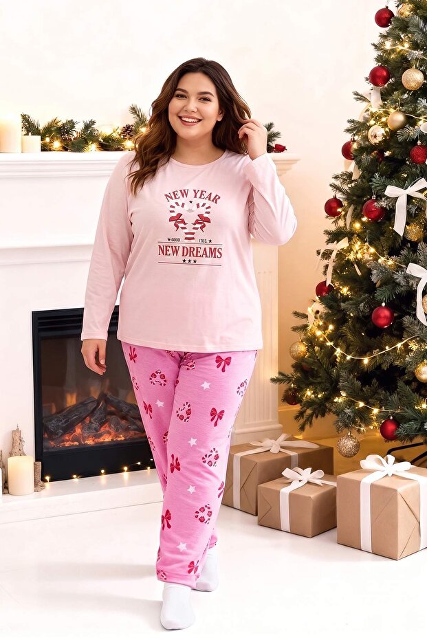 Pembe Yılbaşı Temalı Örme Pijama Takımı TBBAW23AI00044 - 1