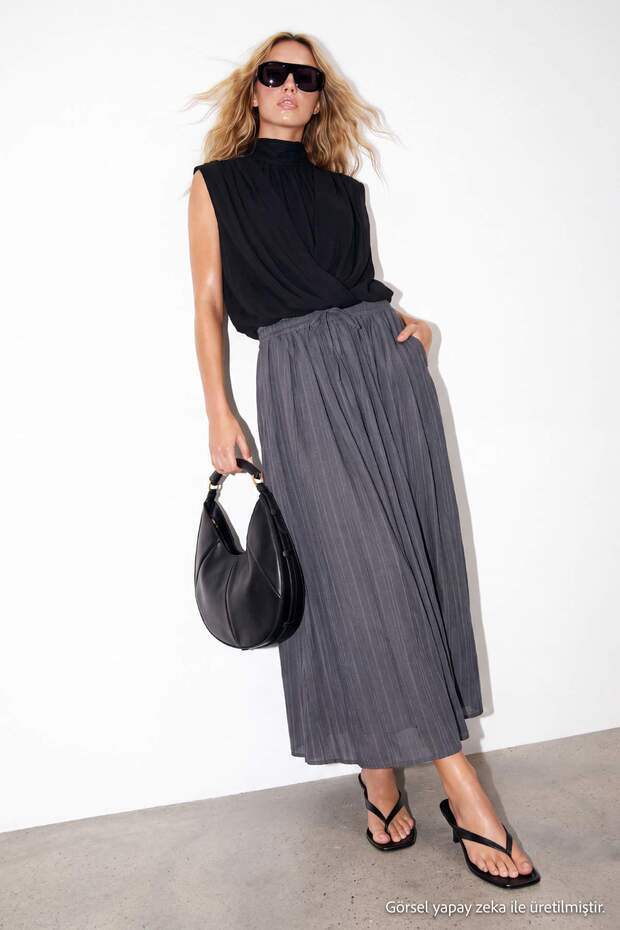 Gray Elastic Waist Adjustable Long Skirt Tdrss26Et00085