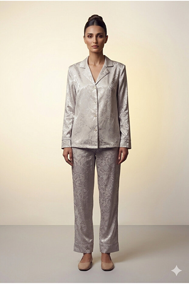 Luxury Jacquard Floral Pattern Pajamas Set - 2 Pieces - Light Stone Color