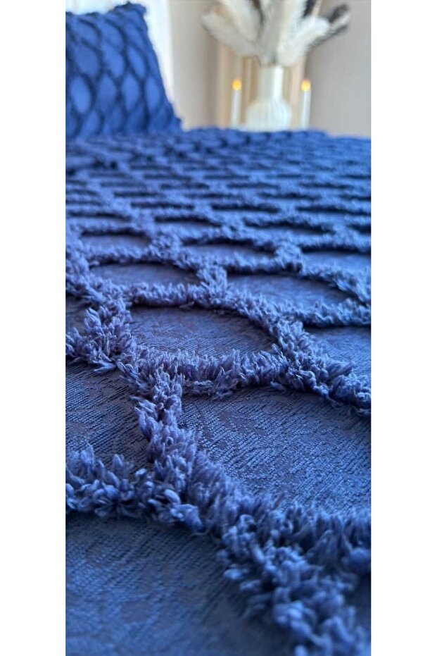 Petek Patterned 3 Pieces Double Bedspread Navy Blue