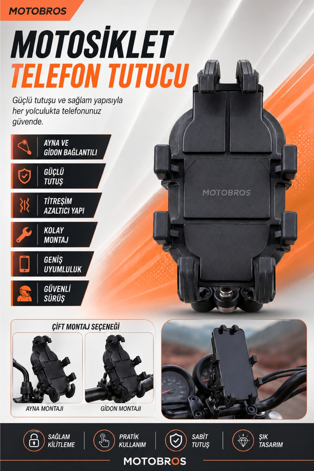 T-1 Ahtapot Premium Motorcycle Phone Holder Motor Phone Holder with Mirror and Handlebar Connection