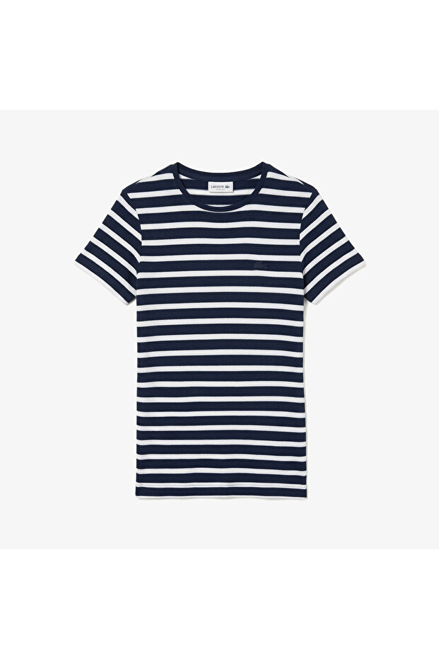 Kadın Slim Fit Bisiklet Yaka Çizgili Lacivert T-Shirt - 3