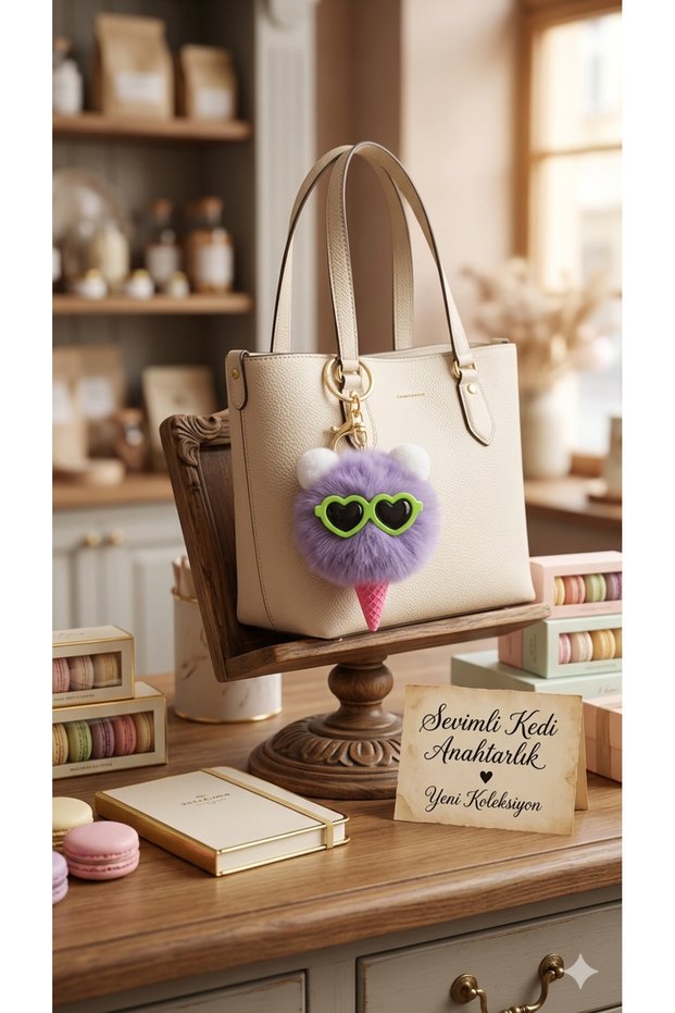 Ice Cream Pompom Plush Keychain with Glasses as a Gift