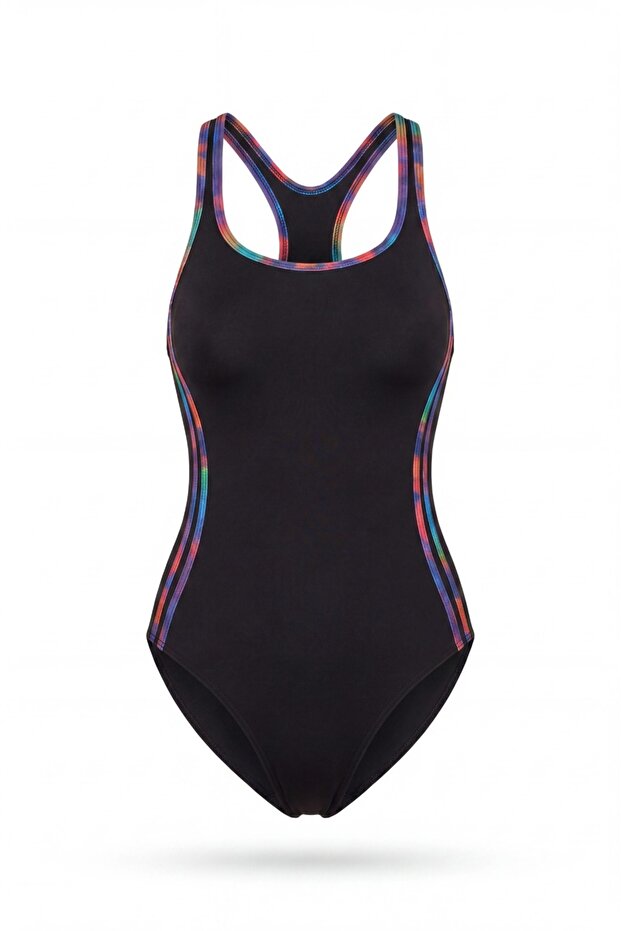 Women's Back Detailed Solid Color and Striped Slip Swimsuit Black (with Breast Pad)