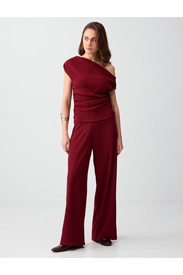Burgundy Elastic Waist Regular Leg Regular Waist Knitted Trousers