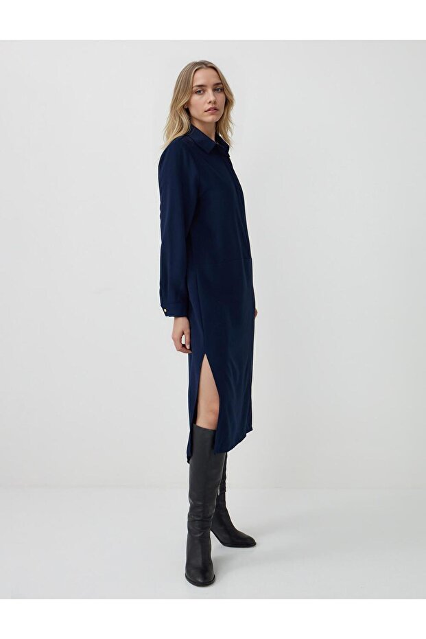 Navy Blue Relaxed Fit Shirt Collar Long Sleeve Midi Dress