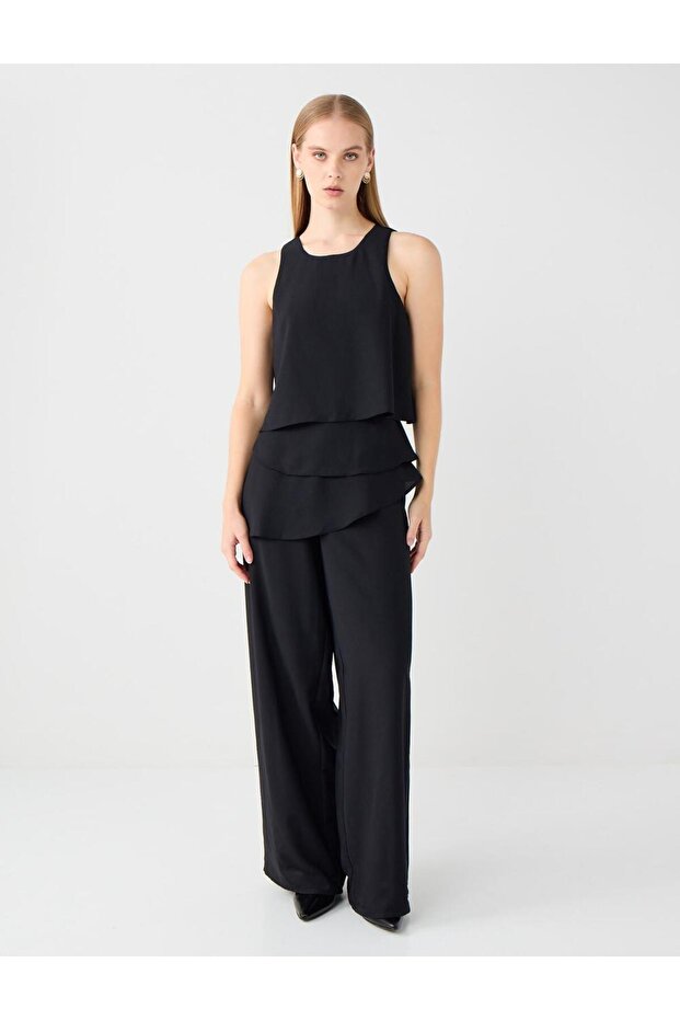 Black Straight Cut Ruffle Detailed Woven Jumpsuit