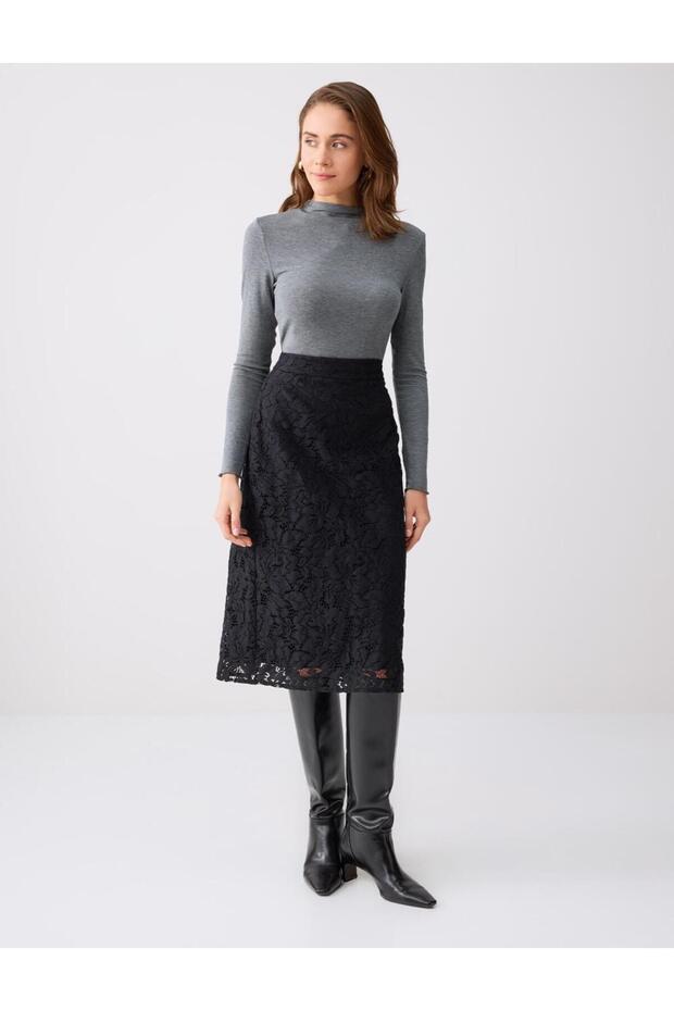 Black Regular Waist Lace Detailed Woven Midi Skirt