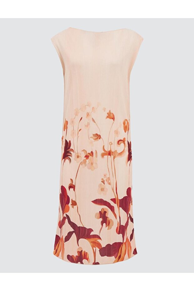 Salmon Pink Round Neck Sleeveless Patterned Knitted Midi Dress