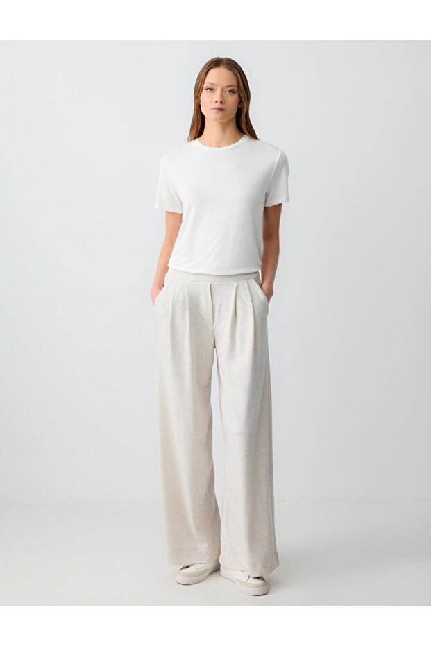 Stone Color Wide Leg Regular Waist Linen Blend Trousers