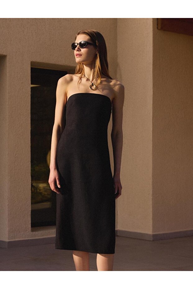 Black 100% Linen Slim Fit Open Neck Strapless Midi Dress