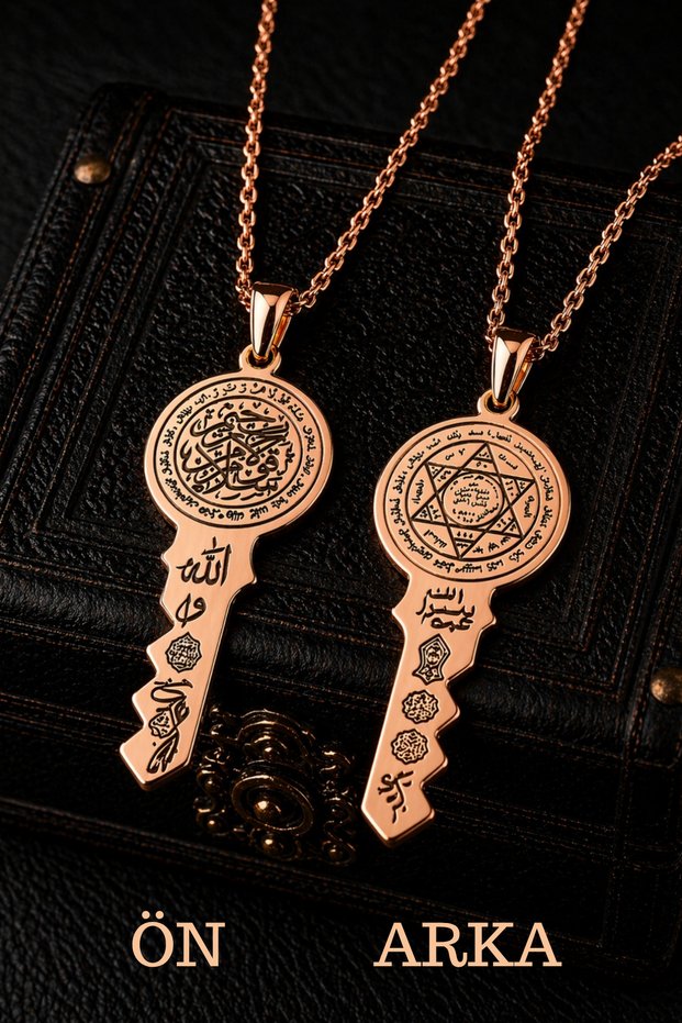 Women's and Men's Key Model Dual Copper Pendant with Seal of Solomon, Vav and Elif, Ya Hafiz, Allah Word, Celcelütiye, Kıtmir, Nal-I Şerif