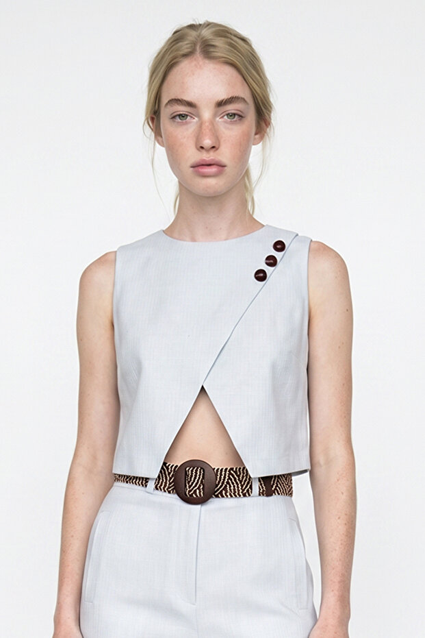 Asymmetrical Blouse with Bead Accessories Blue