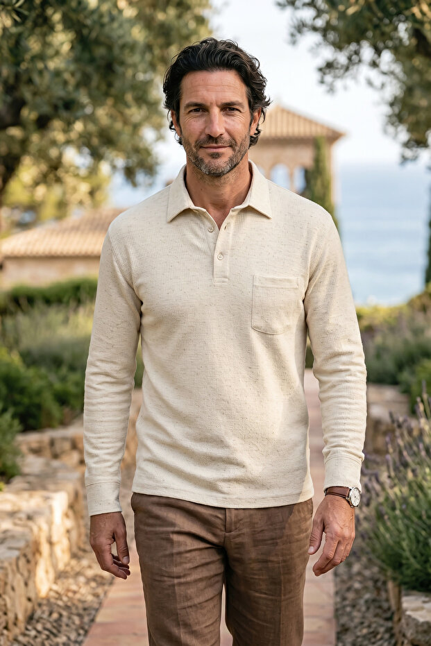 Men's Seasonal Long Sleeve Shirt Collar Beige Sweat Classic Pattern - 5304