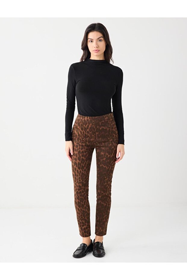 Dark Brown Skinny Leg Regular Waist Leopard Print Trousers