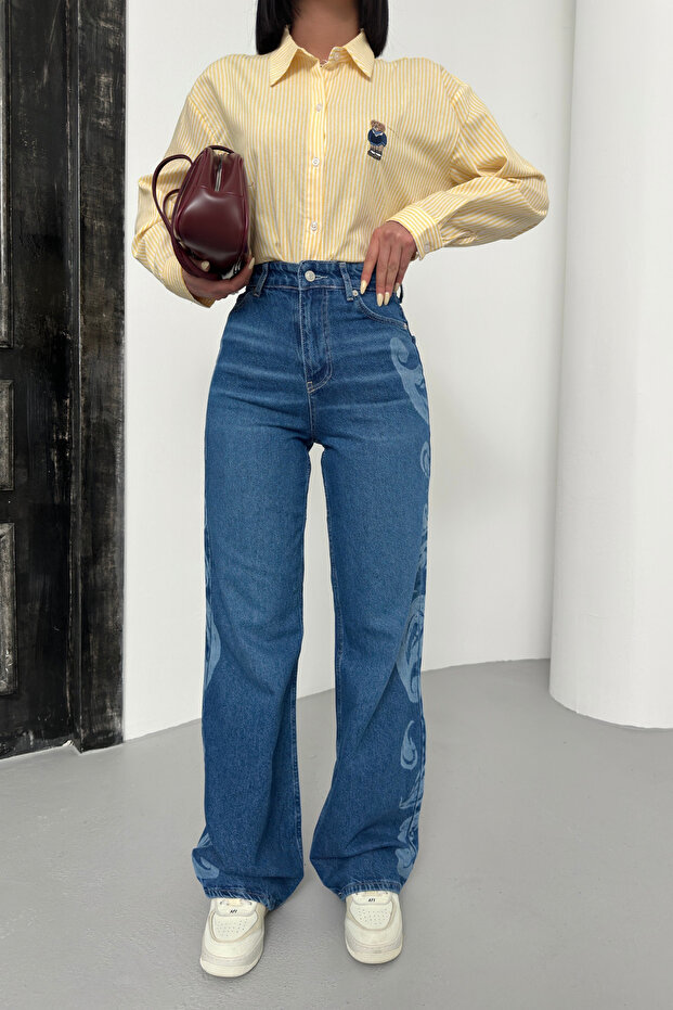 Women's Patterned Wide Blue Palazzo Jeans Pants
