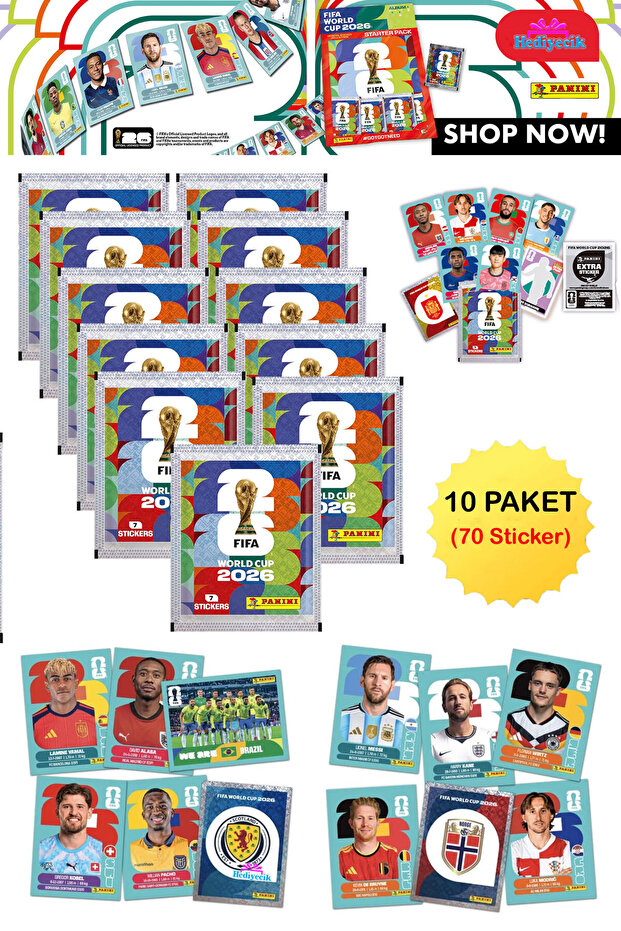 hediyecik Panini FIFA World Cup 2026 Dünya Kupası Resmi Sticker Koleksiyonu Çıkartma Seti 10 Paket