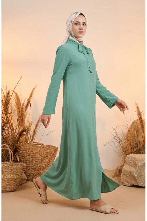 Tie Neck Button Dress 5111-08 Aqua Green