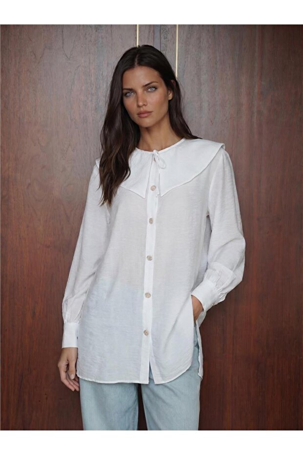 White Viscose Nylon Blended Baby Collar Long Sleeve Buttoned Long Tunic