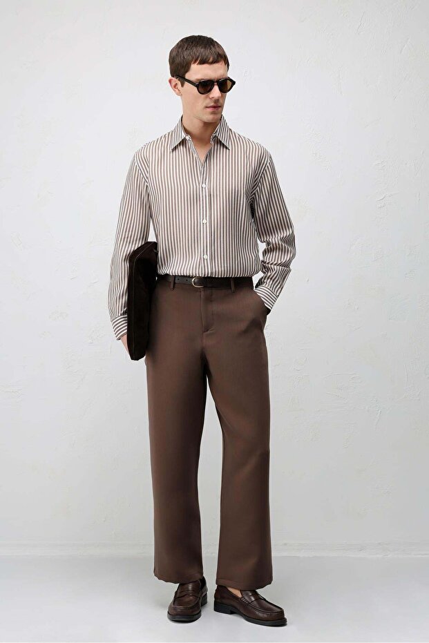 Brown Lyocell Blended Relax Fit Striped Men's Shirt