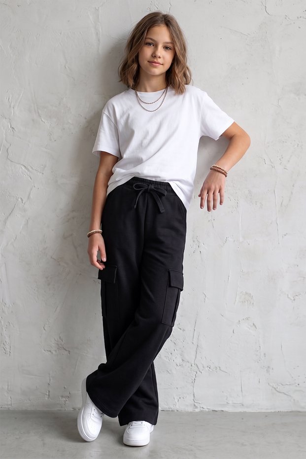 Elastic Waist Wide Leg Relaxed Fit Girls School Sweatpants with Cargo Pockets