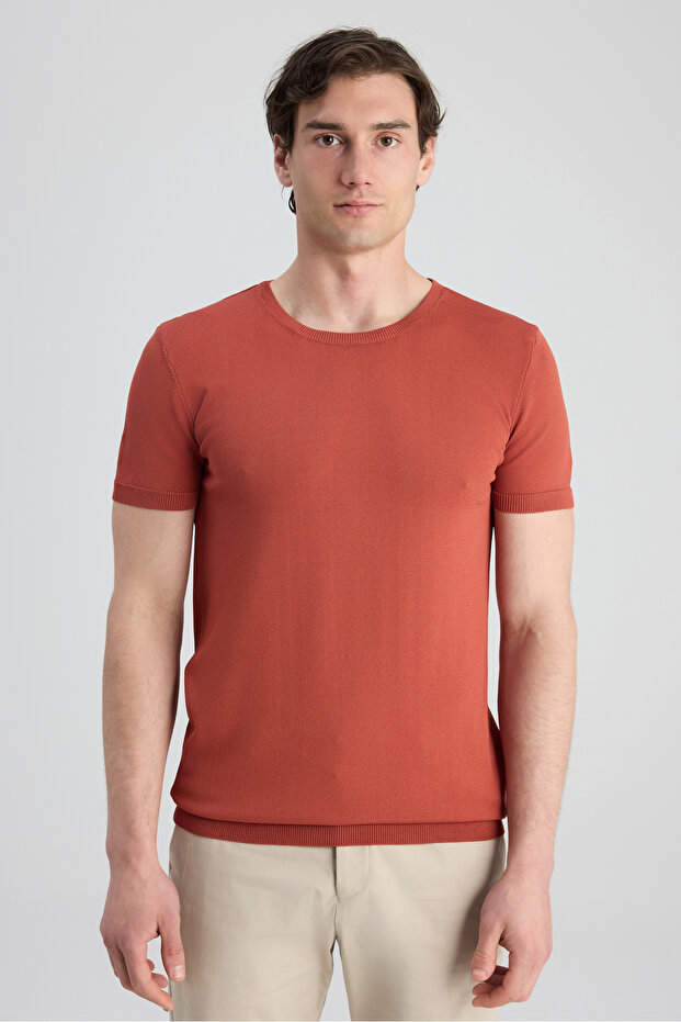 Slim Fit Tile Plain Knit Rayon Knitted T-Shirt