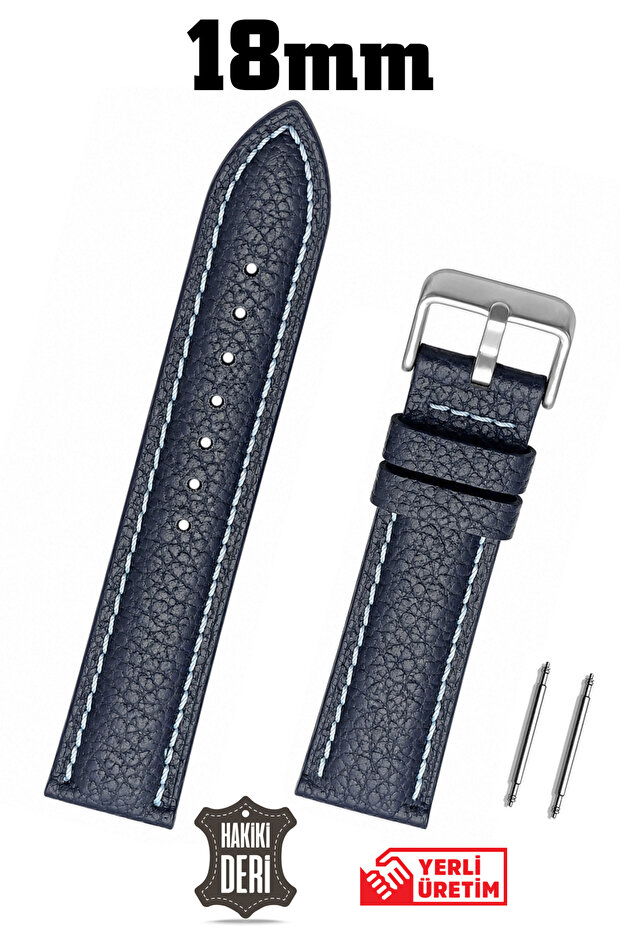 18mm Navy Blue Stitched Curved Genuine Leather Watch Band Strap
