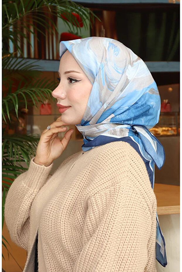وشاح قطني منقوش 70334-12 أزرق داكن