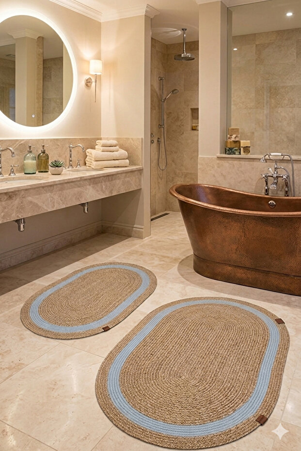 Jute Straw Large Size Bath Mat Set of 2 Beige-Grey Striped