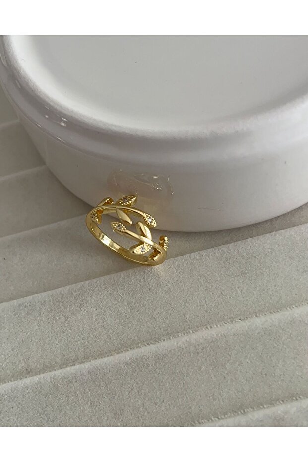 Gold Color Leaf Pattern Adjustable Zircon Stone Ring - 1